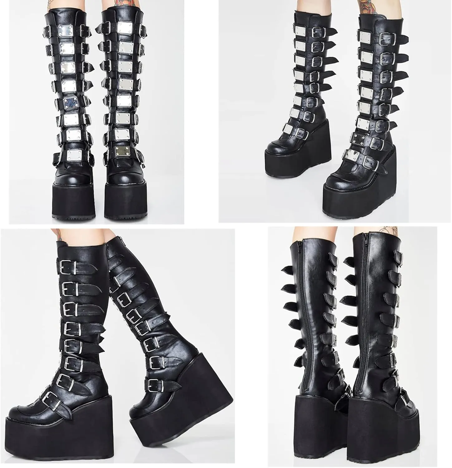 HINDOLA Womens Platform Punk Goth Mid Calf Boots Rivets Metal Decoration Back-Zip Knee High Motorcycle Booties Combat Boots