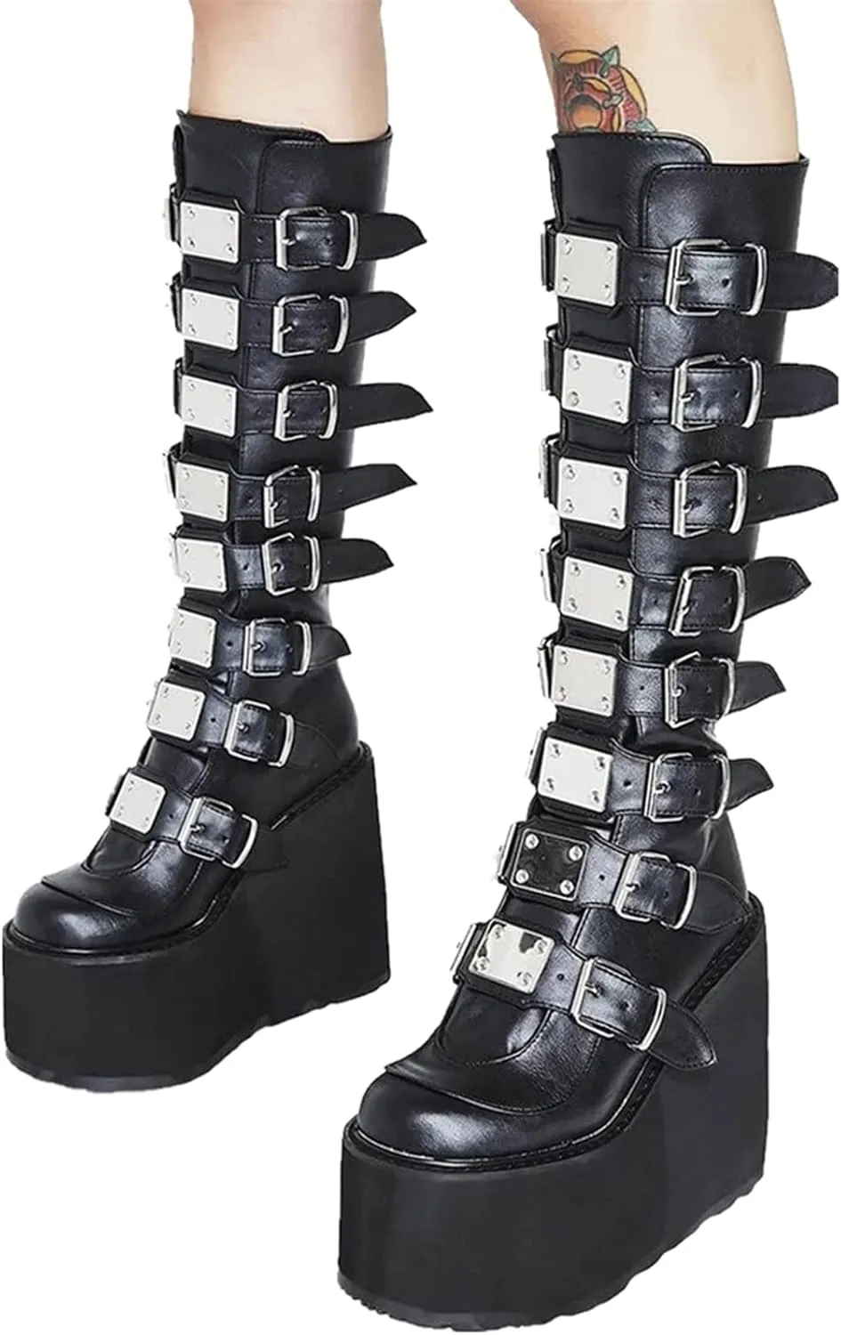 HINDOLA Womens Platform Punk Goth Mid Calf Boots Rivets Metal Decoration Back-Zip Knee High Motorcycle Booties Combat Boots