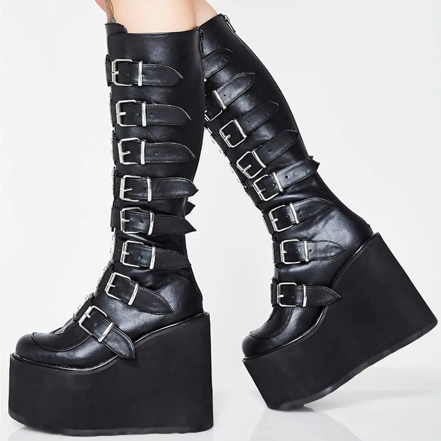 HINDOLA Womens Platform Punk Goth Mid Calf Boots Rivets Metal Decoration Back-Zip Knee High Motorcycle Booties Combat Boots