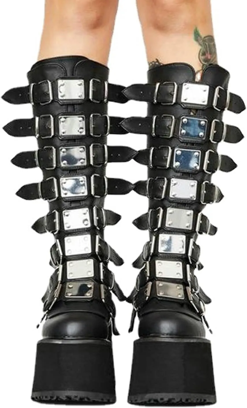 HINDOLA Womens Platform Punk Goth Mid Calf Boots Rivets Metal Decoration Back-Zip Knee High Motorcycle Booties Combat Boots