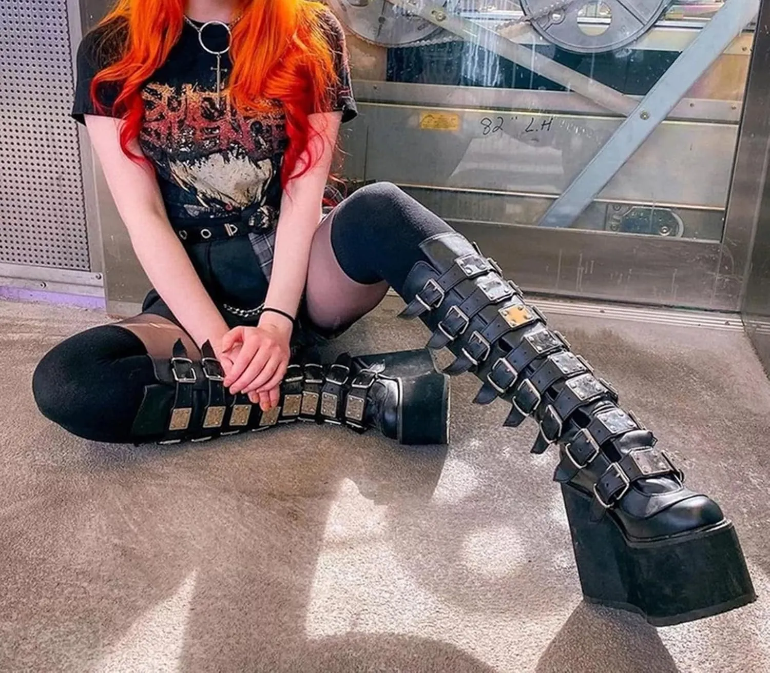 HINDOLA Womens Platform Punk Goth Mid Calf Boots Rivets Metal Decoration Back-Zip Knee High Motorcycle Booties Combat Boots