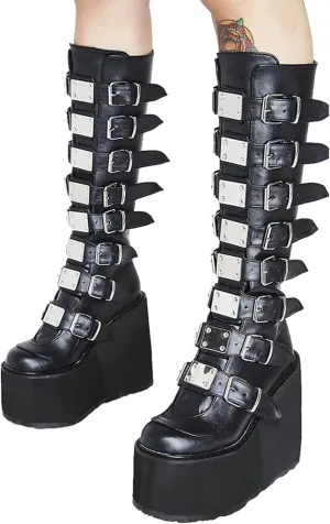 HINDOLA Womens Platform Punk Goth Mid Calf Boots Rivets Metal Decoration Back-Zip Knee High Motorcycle Booties Combat Boots