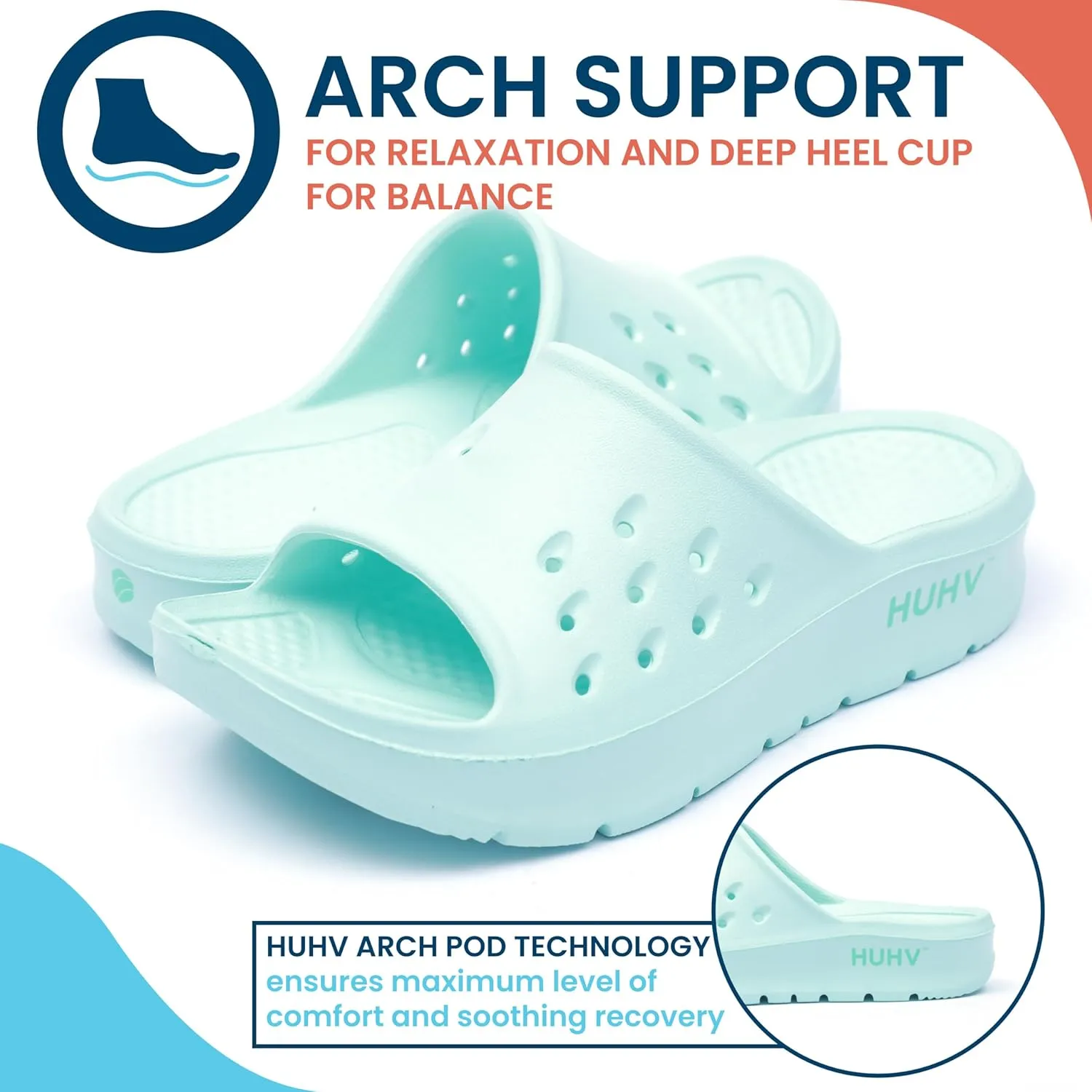 HUHV Women's MAX Cushion Arch Pod Tech Recovery comfort Slide Sandal with Comfort Orthotic Arch Support and our Proprietary HEALIUM Foam Technology