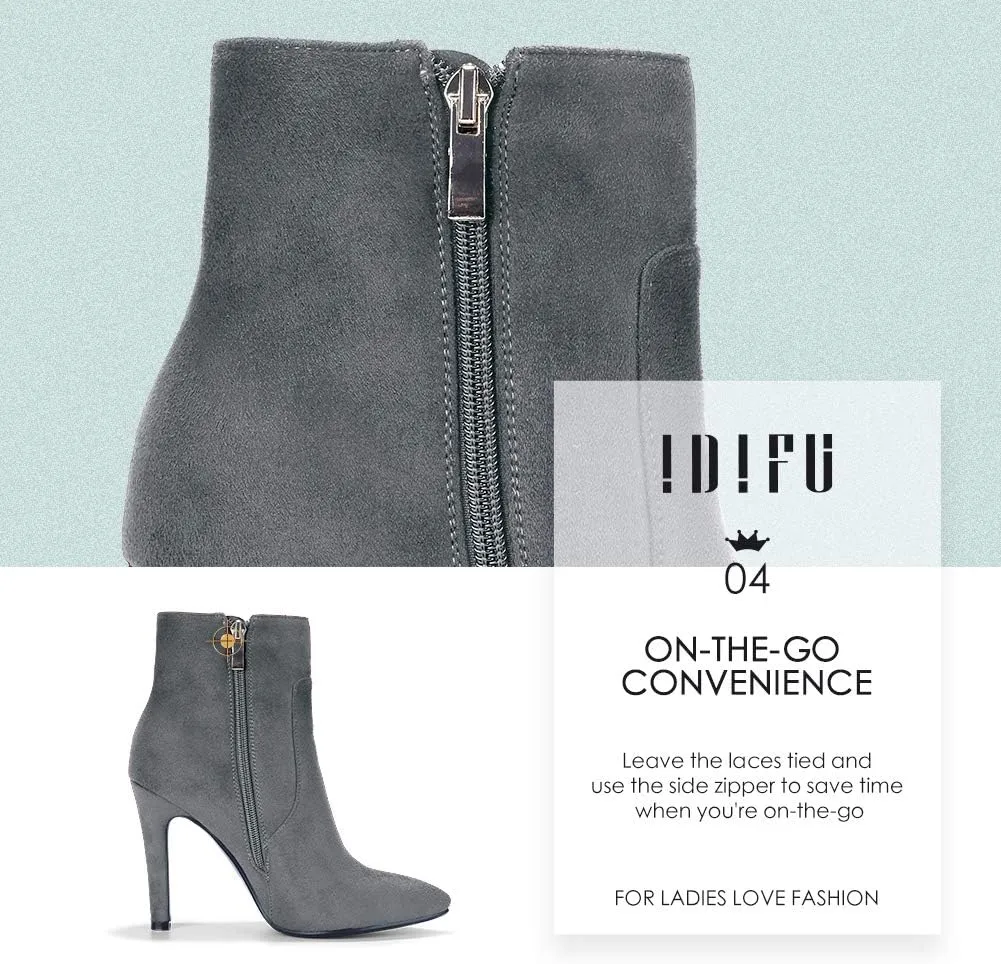 IDIFU Ankle Boots for Women High Heel Pointed Toe Boots Side Zipper Stiletto Booties