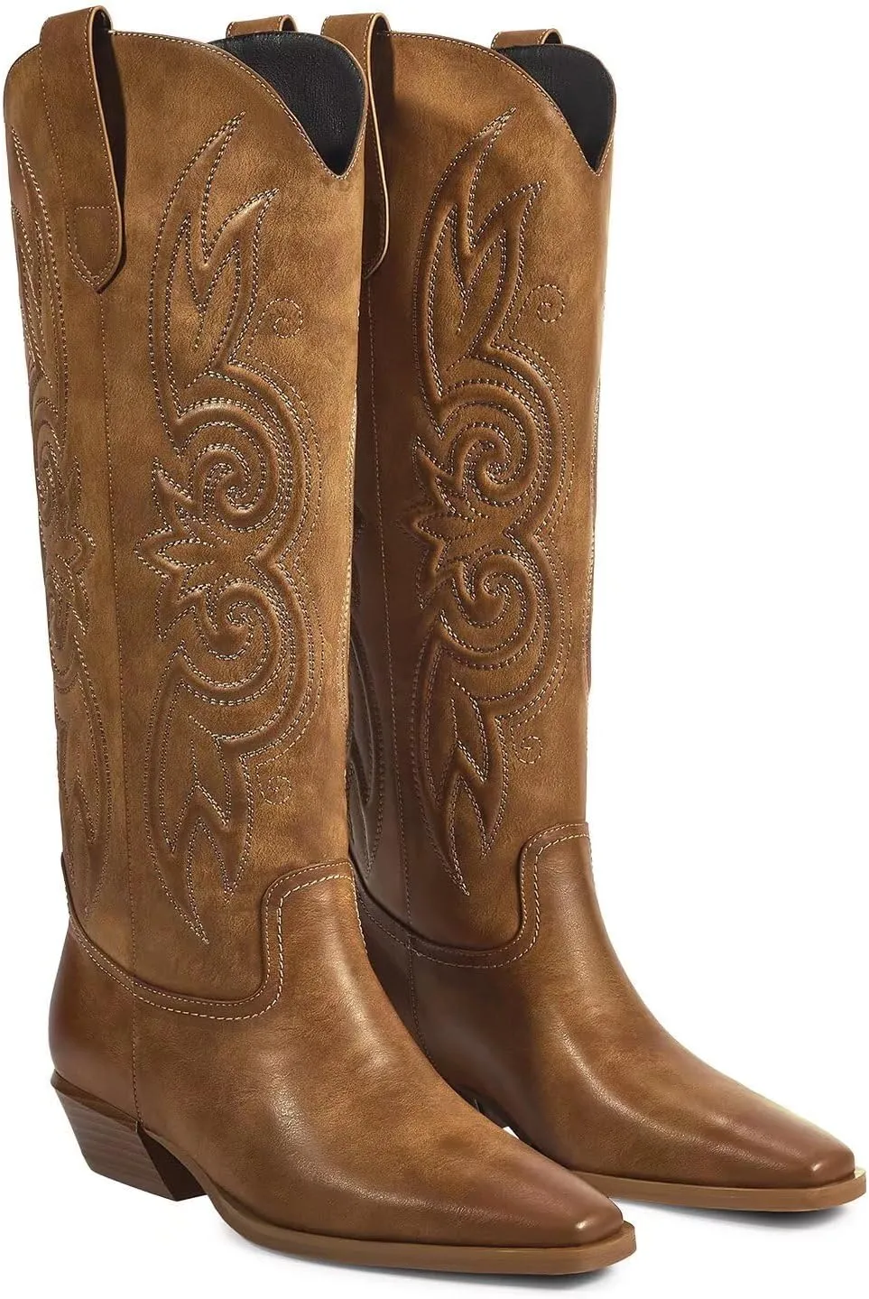 ISNOM Cowboy Cowgirl Boots for Women, Western Boots Square Toe Knee High Boots with Low Heel