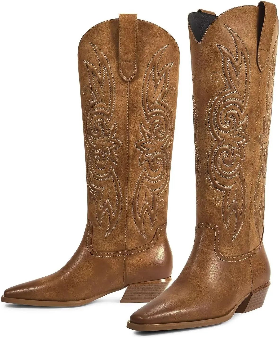 ISNOM Cowboy Cowgirl Boots for Women, Western Boots Square Toe Knee High Boots with Low Heel