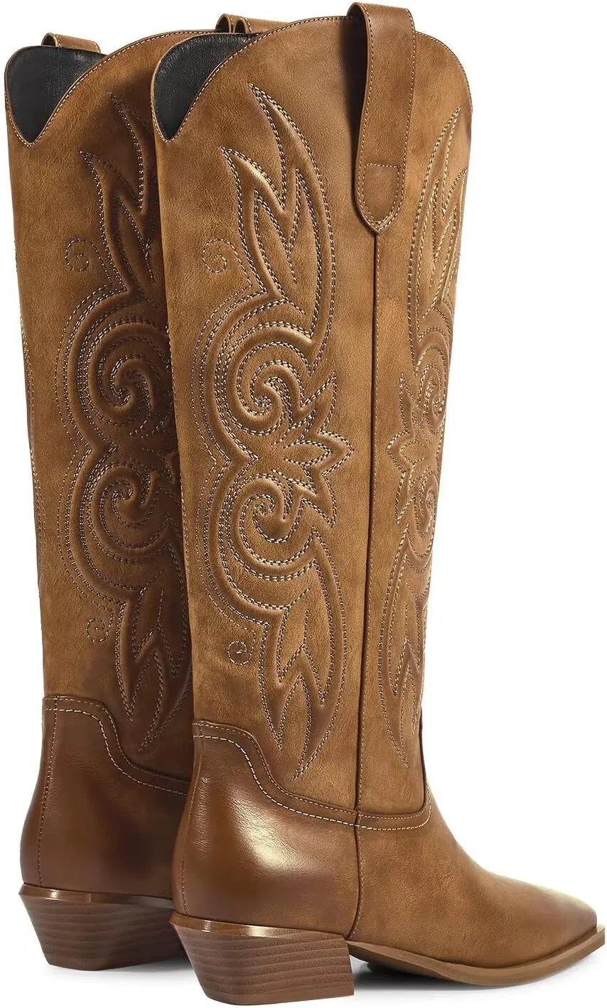 ISNOM Cowboy Cowgirl Boots for Women, Western Boots Square Toe Knee High Boots with Low Heel