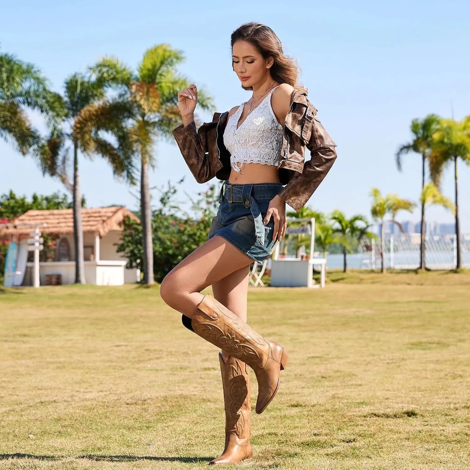 ISNOM Cowboy Cowgirl Boots for Women, Western Boots Square Toe Knee High Boots with Low Heel
