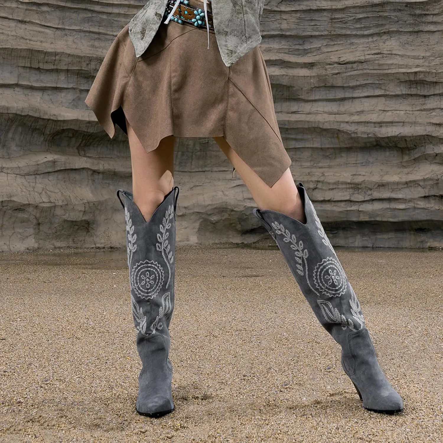 ISNOM Women's Western Knee High Cowboy Cowgirl Boots, Unique Fashion Embroidered Chunky Block Heels Pointed Toes Over Knee Boots