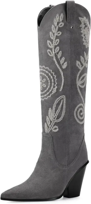 ISNOM Women's Western Knee High Cowboy Cowgirl Boots, Unique Fashion Embroidered Chunky Block Heels Pointed Toes Over Knee Boots