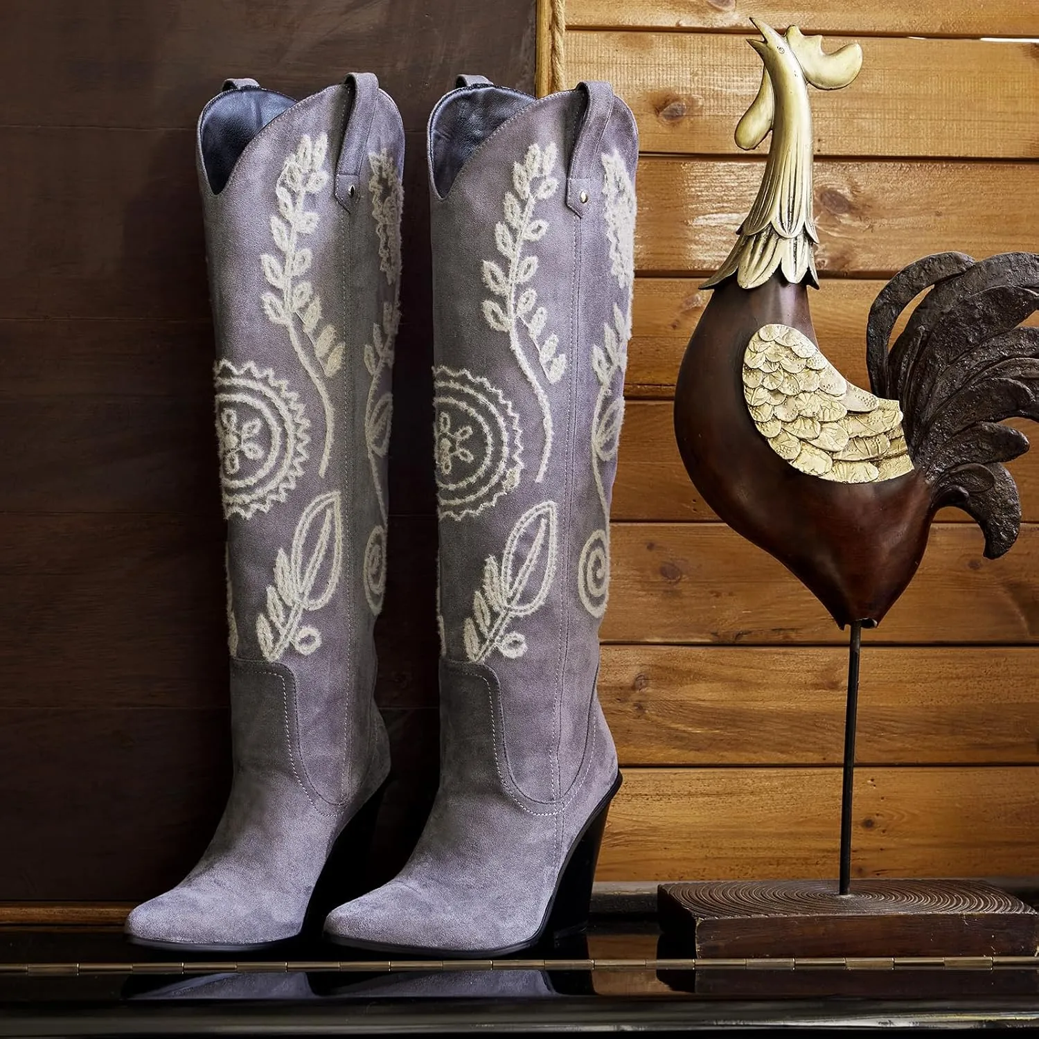 ISNOM Women's Western Knee High Cowboy Cowgirl Boots, Unique Fashion Embroidered Chunky Block Heels Pointed Toes Over Knee Boots