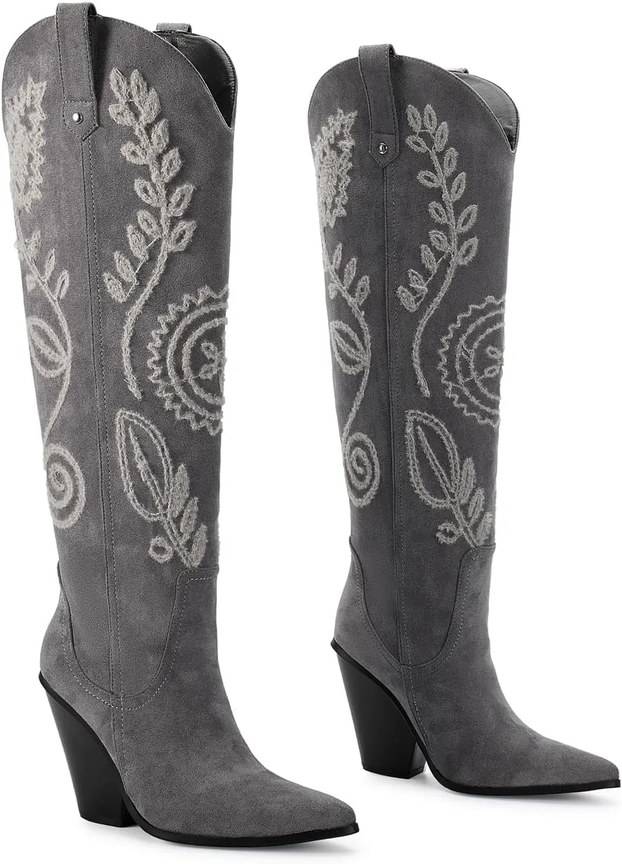 ISNOM Women's Western Knee High Cowboy Cowgirl Boots, Unique Fashion Embroidered Chunky Block Heels Pointed Toes Over Knee Boots