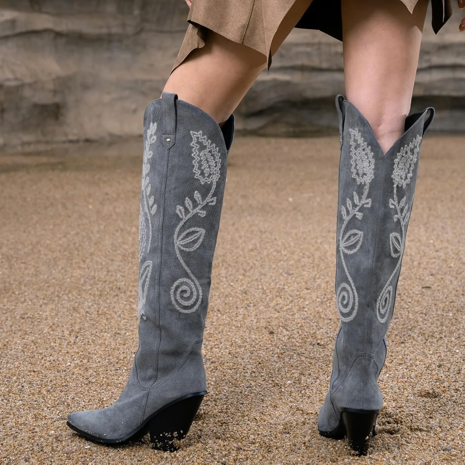 ISNOM Women's Western Knee High Cowboy Cowgirl Boots, Unique Fashion Embroidered Chunky Block Heels Pointed Toes Over Knee Boots