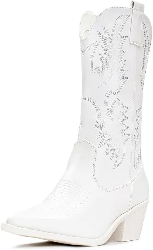 IUV Cowboy Boots For Women Western Cowgirl Boots Pull On Pointy Toe Mid Calf
