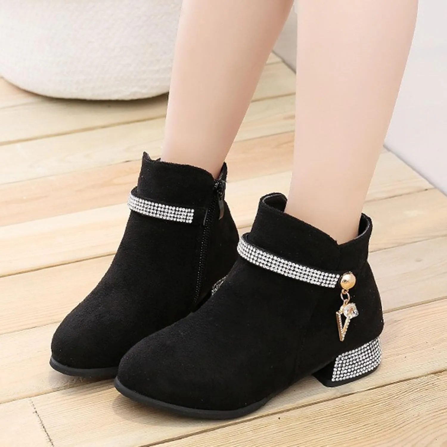 IWIHMIV Girls Dress Ankle Boots - Short Toddler Booties With Low Chunky Heel and Side Zipper
