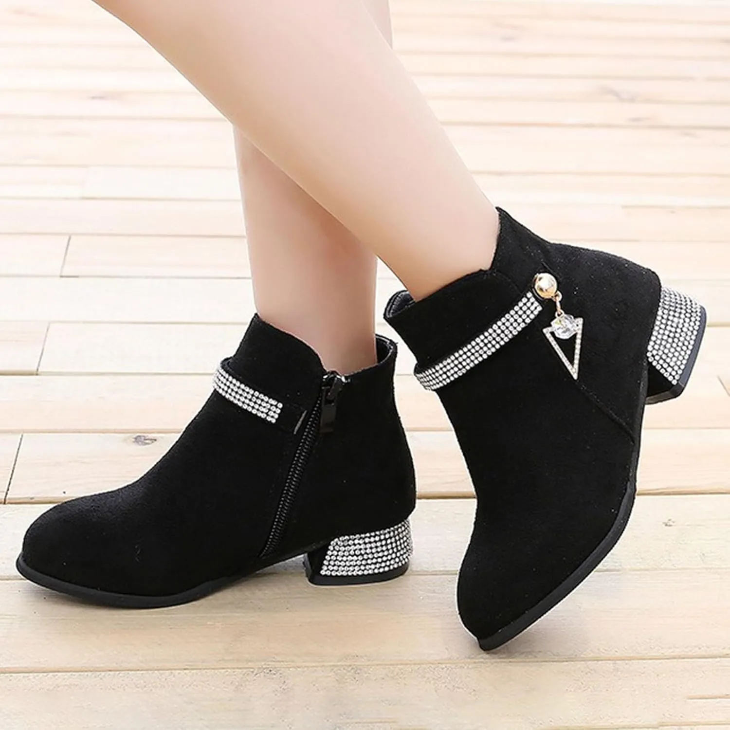 IWIHMIV Girls Dress Ankle Boots - Short Toddler Booties With Low Chunky Heel and Side Zipper