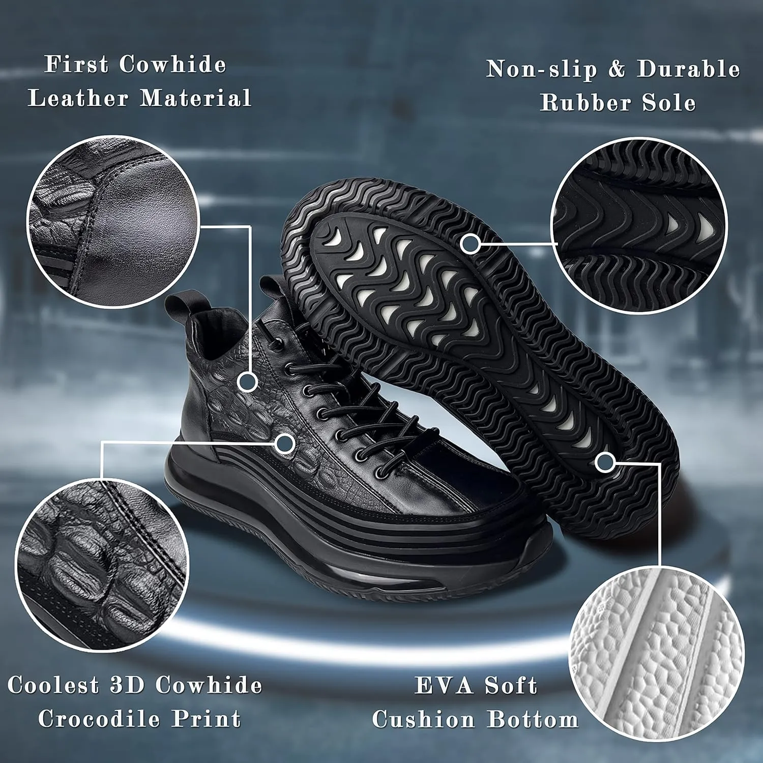 JishinGal Men's Slip-on Leather Sneakers Non-Slip Casual Fashion Height Increasing Cowhide Crocodile Print Sneakers