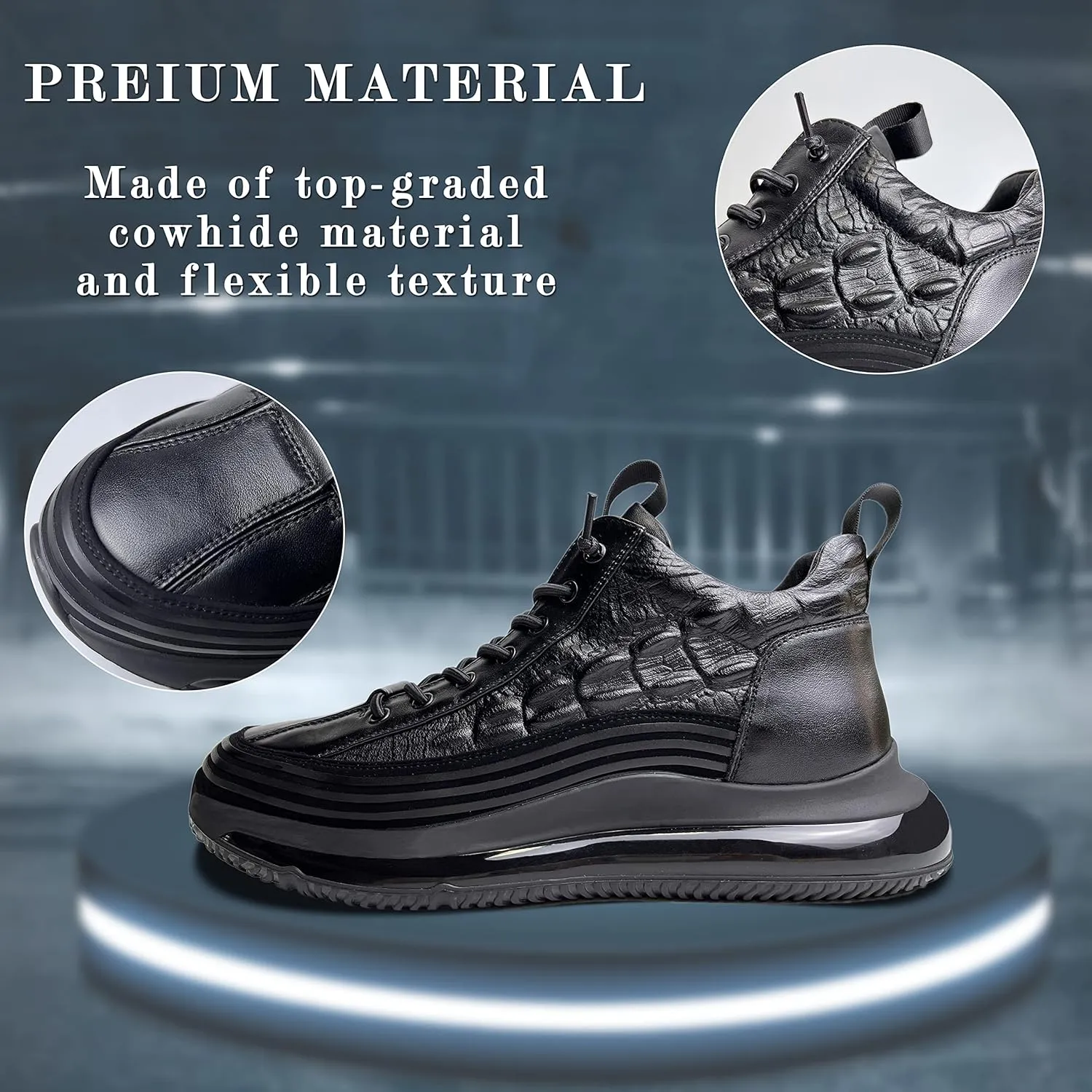 JishinGal Men's Slip-on Leather Sneakers Non-Slip Casual Fashion Height Increasing Cowhide Crocodile Print Sneakers