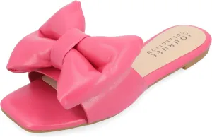 Journee Womens Bow Knot Flat Open Square Toe Dressy Sandal Fayre Comfort Slip On Slide Shoes