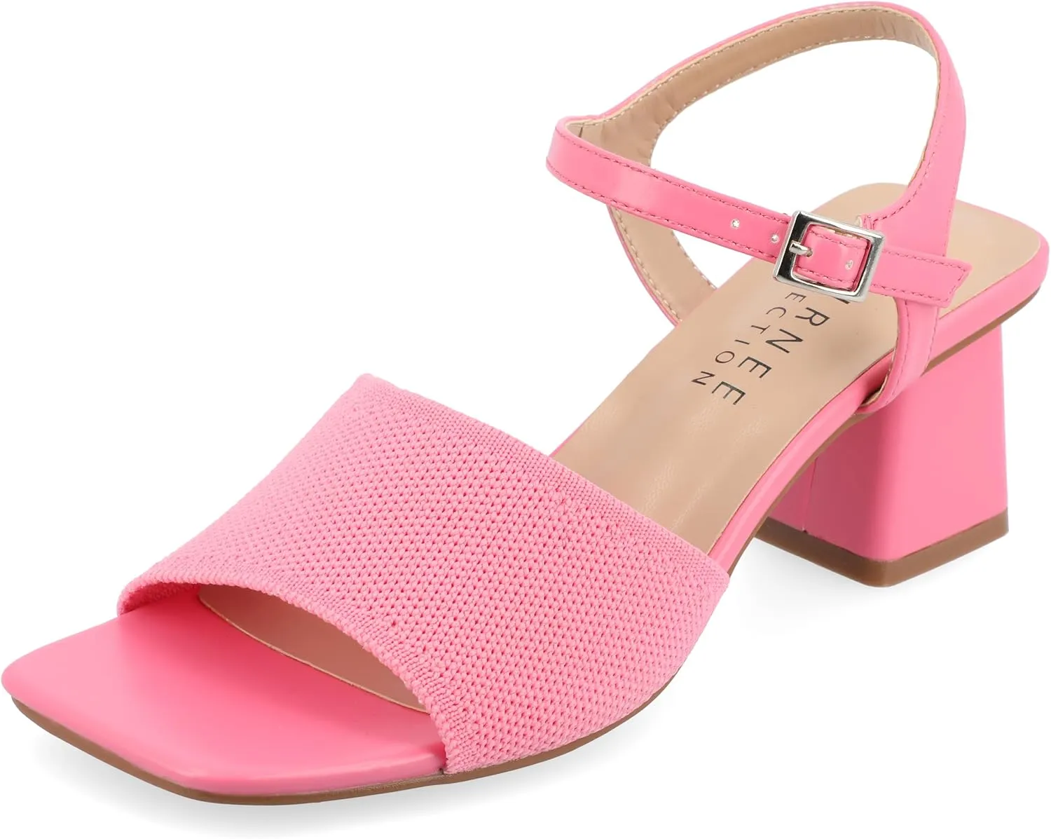 Journee Womens Knit Buckle Ankle Strap Covered Block Heel Open Square Toe Evylinn Comfort Foam Sandals