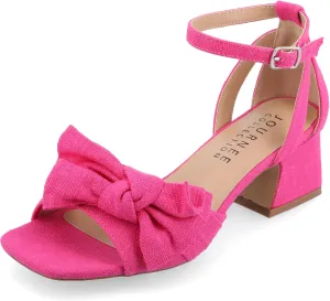 Journee Womens Linen Bow Knot Covered Block Heel Open Square Toe Buckle Ankle Zevi Comfort Foam Sandals