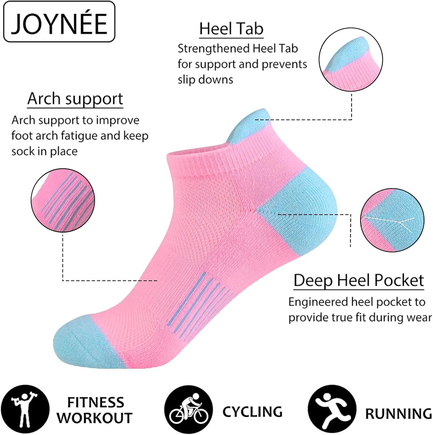 JOYNÉE Womens Ankle Athletic Low Cut Tab Socks Cushioned Running Sports 6 Pack