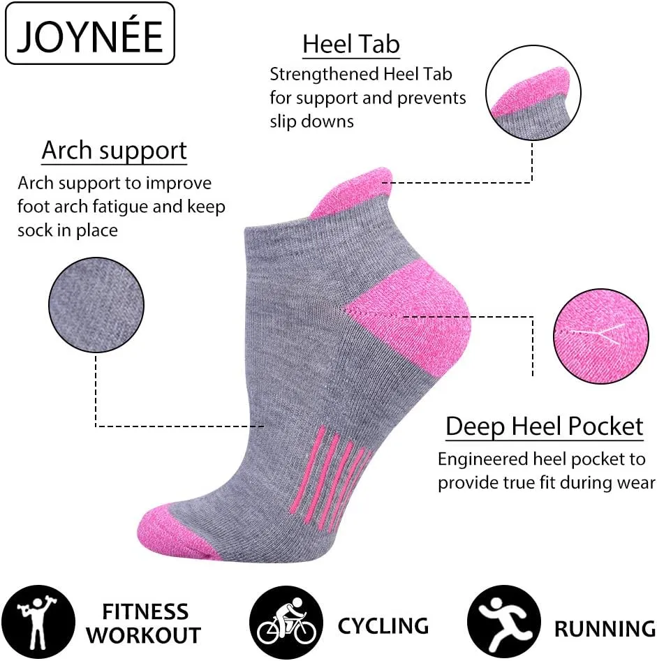 JOYNÉE Womens Ankle Athletic Low Cut Tab Socks Cushioned Running Sports 6 Pack