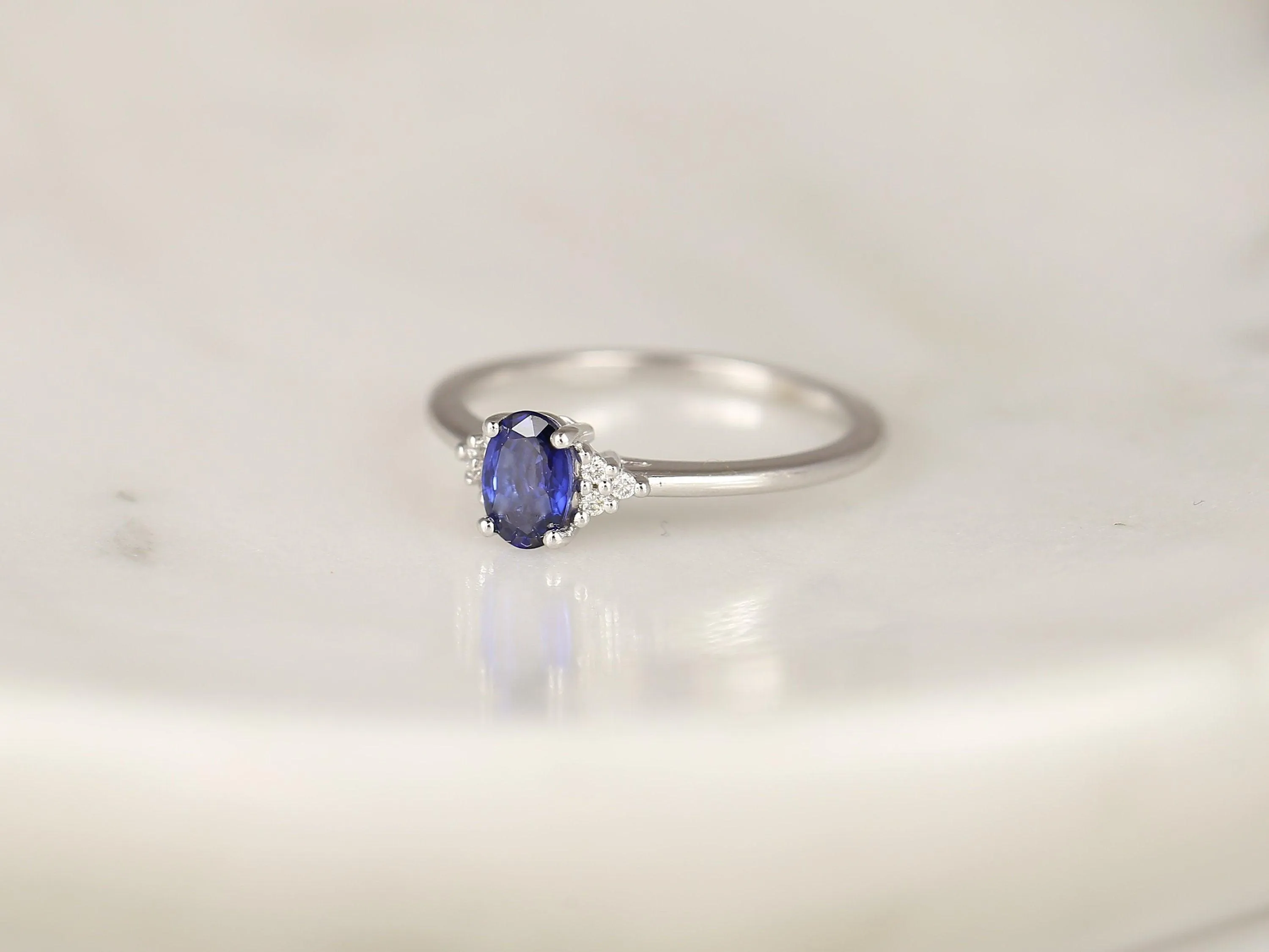 Juniper 6x4mm 14kt Gold Blue Sapphire Diamonds Dainty Oval Cluster 3 Stone Stack Ring