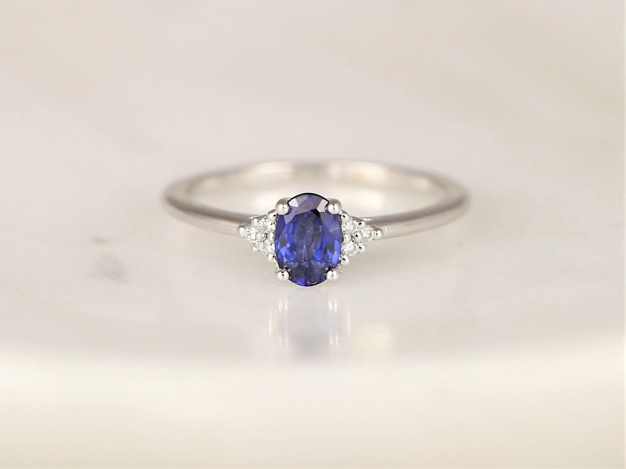 Juniper 6x4mm 14kt Gold Blue Sapphire Diamonds Dainty Oval Cluster 3 Stone Stack Ring