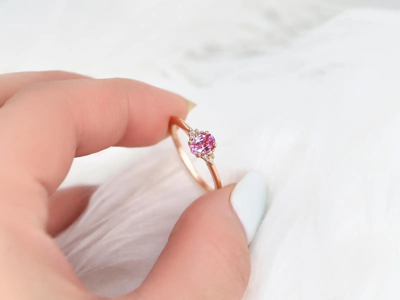 Juniper 6x4mm 14kt Rose Gold Pink Sapphire Diamonds Oval Cluster Stone Ring