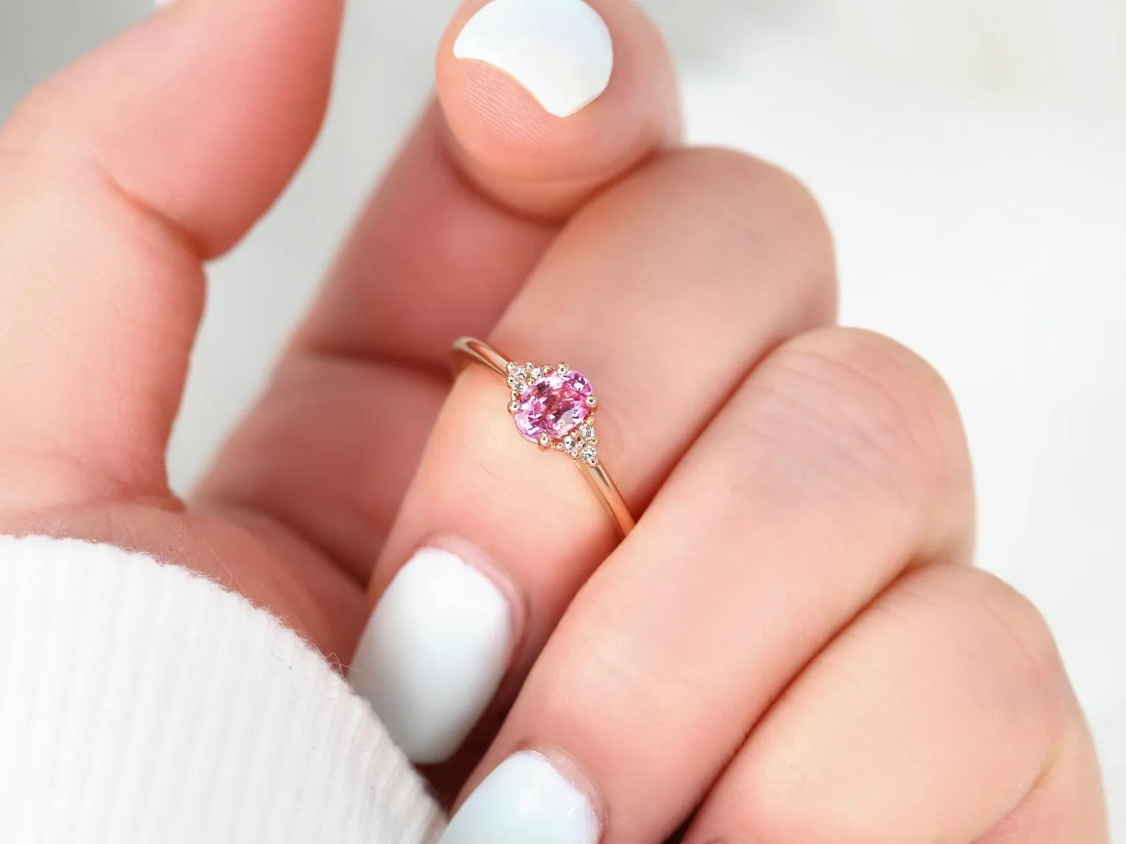Juniper 6x4mm 14kt Rose Gold Pink Sapphire Diamonds Oval Cluster Stone Ring