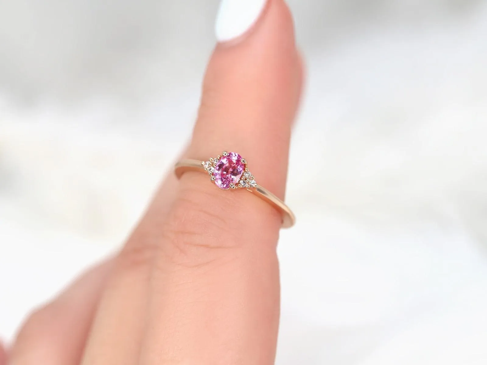 Juniper 6x4mm 14kt Rose Gold Pink Sapphire Diamonds Oval Cluster Stone Ring