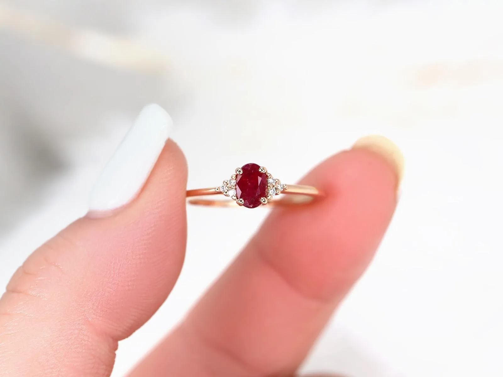 Juniper 6x4mm 14kt Rose Gold Ruby Diamond Cluster Ring