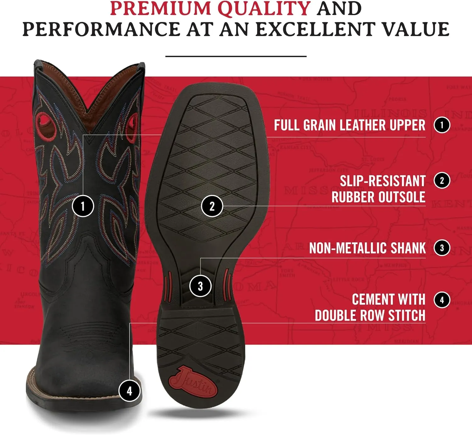 Justin Bowline 11" Cowboy Boots for Men - Square Toe Full-Grain Leather Western Boots for Men with Oil- and Slip-Resistant Rubber Outsole