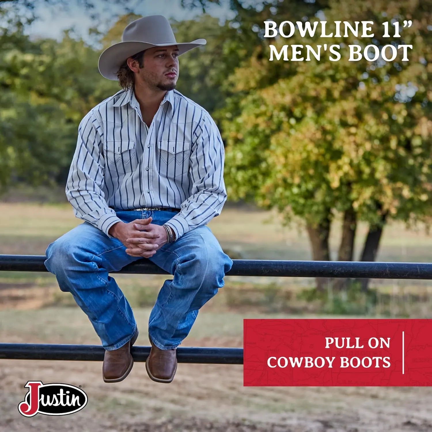 Justin Bowline 11" Cowboy Boots for Men - Square Toe Full-Grain Leather Western Boots for Men with Oil- and Slip-Resistant Rubber Outsole