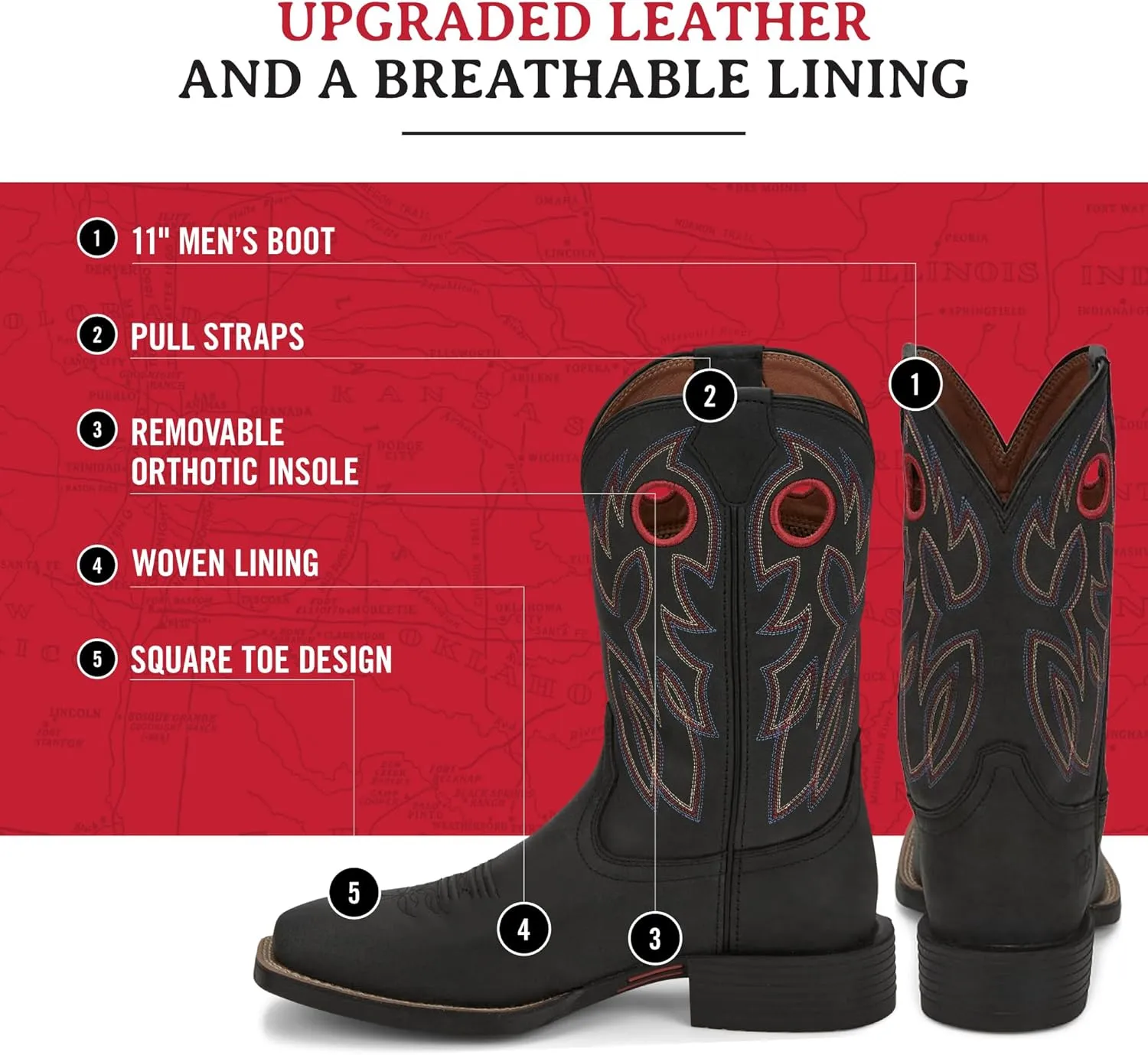 Justin Bowline 11" Cowboy Boots for Men - Square Toe Full-Grain Leather Western Boots for Men with Oil- and Slip-Resistant Rubber Outsole