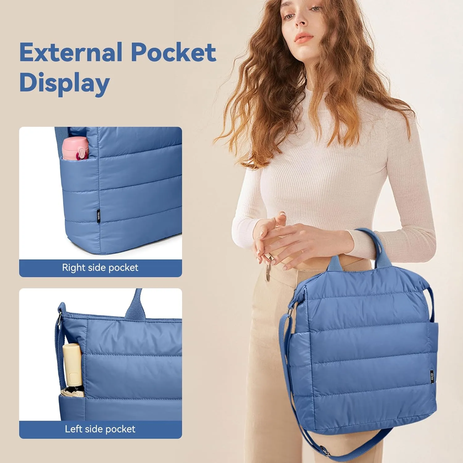 KALIDI Quilted Tote Bag, Puffer Hobo Laptop Bag Anti Splash Crossbody Zipper Shoulder Bag Large Casual Work Daily Women
