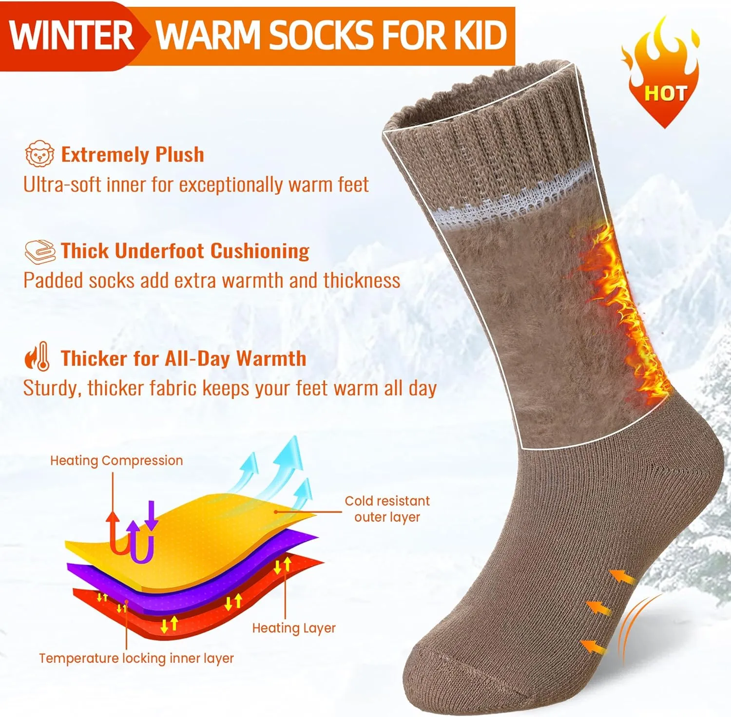 Kids Warm Thermal Socks for Toddler Boy Girls Winter Ski Thick Insulated Heated Boot Socks for Extreme Cold Weather 4 Pairs