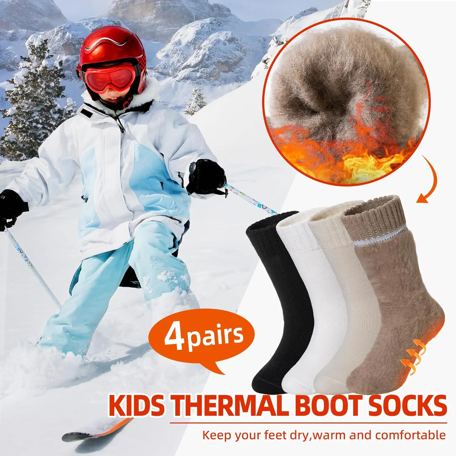 Kids Warm Thermal Socks for Toddler Boy Girls Winter Ski Thick Insulated Heated Boot Socks for Extreme Cold Weather 4 Pairs
