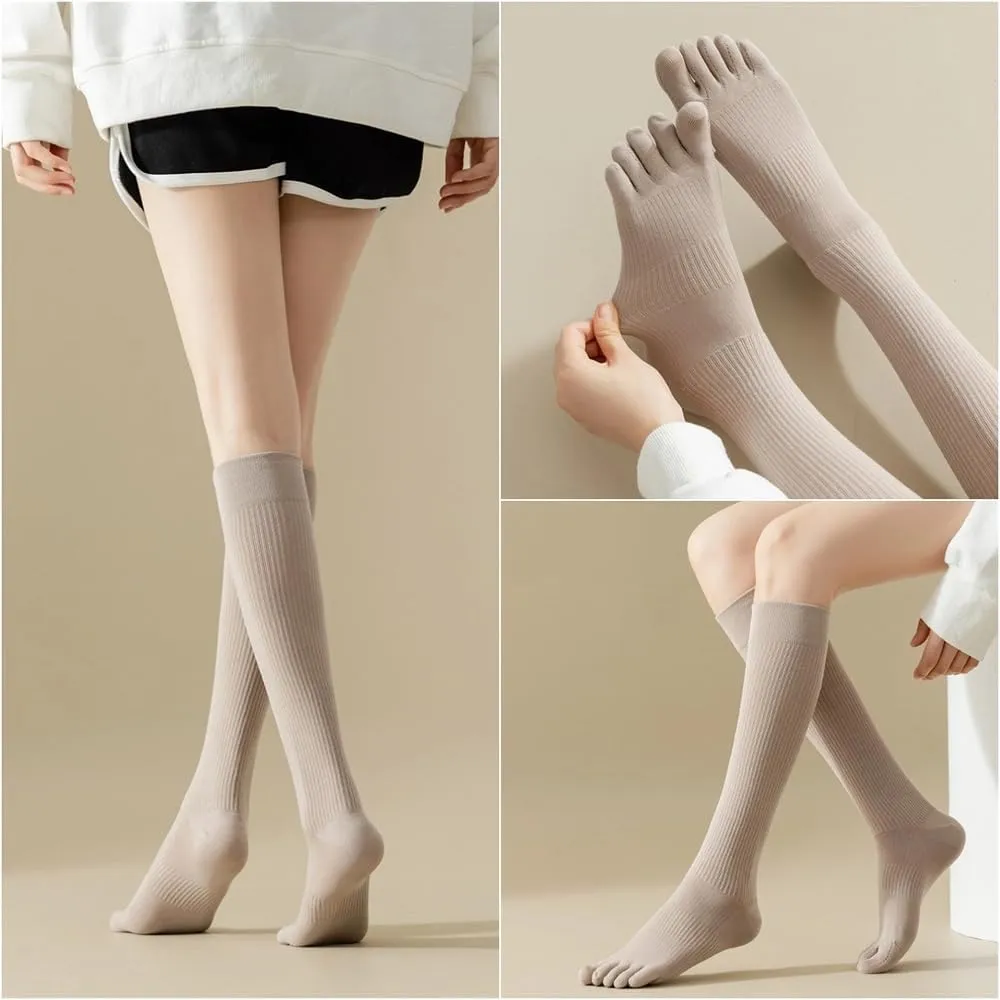 Knee High Toe Socks for Women - 4 Pairs Five Toe Knee High Boot Socks for Yoga, Pilates, Outdoor Sport, Athletic