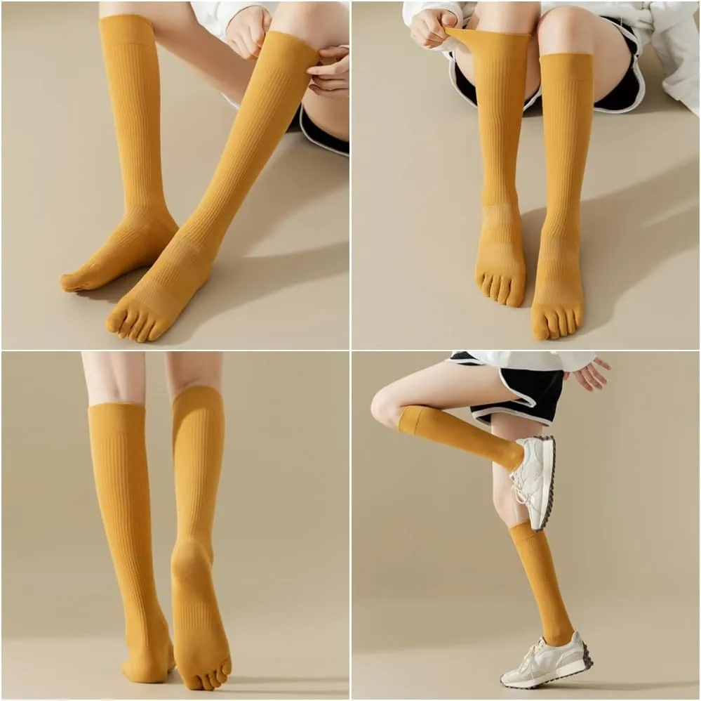 Knee High Toe Socks for Women - 4 Pairs Five Toe Knee High Boot Socks for Yoga, Pilates, Outdoor Sport, Athletic
