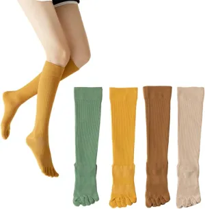 Knee High Toe Socks for Women - 4 Pairs Five Toe Knee High Boot Socks for Yoga, Pilates, Outdoor Sport, Athletic
