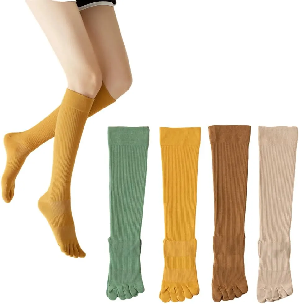 Knee High Toe Socks for Women - 4 Pairs Five Toe Knee High Boot Socks for Yoga, Pilates, Outdoor Sport, Athletic
