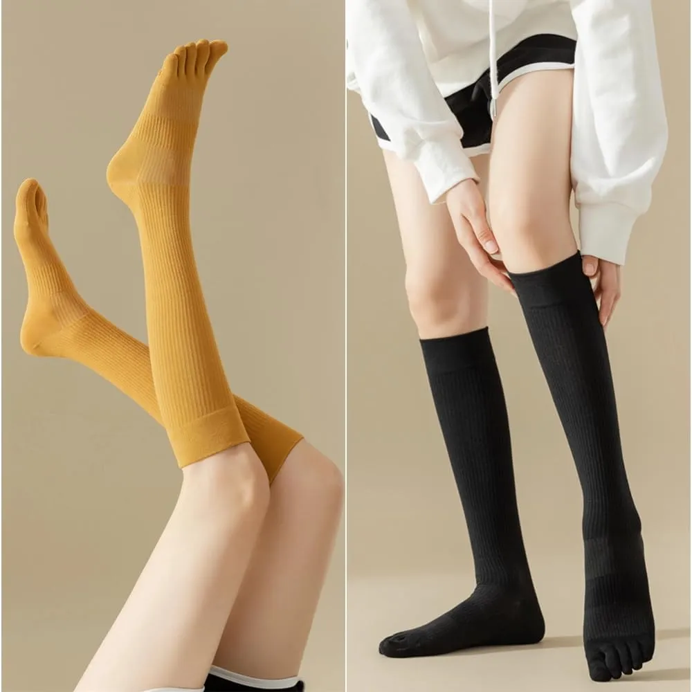 Knee High Toe Socks for Women - 4 Pairs Five Toe Knee High Boot Socks for Yoga, Pilates, Outdoor Sport, Athletic