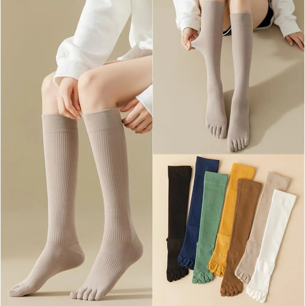 Knee High Toe Socks for Women - 4 Pairs Five Toe Knee High Boot Socks for Yoga, Pilates, Outdoor Sport, Athletic