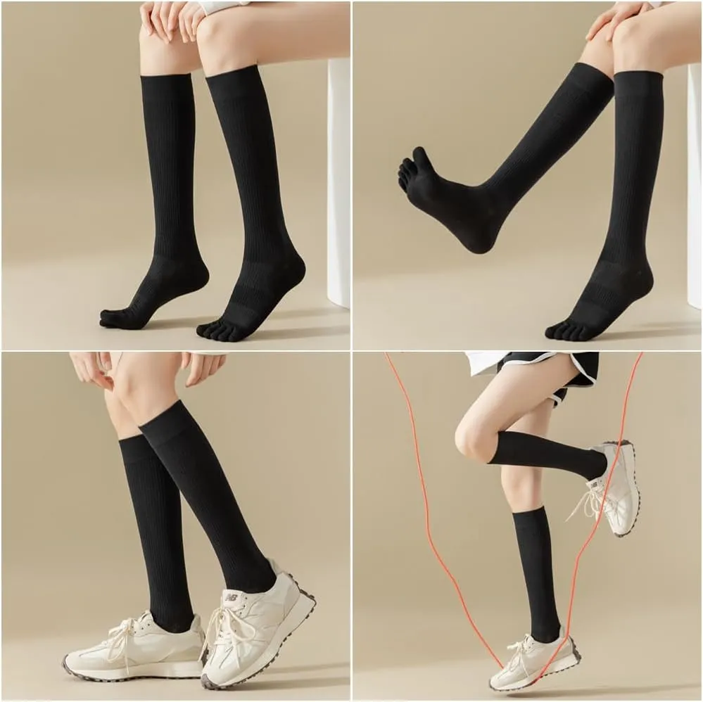 Knee High Toe Socks for Women - 4 Pairs Five Toe Knee High Boot Socks for Yoga, Pilates, Outdoor Sport, Athletic