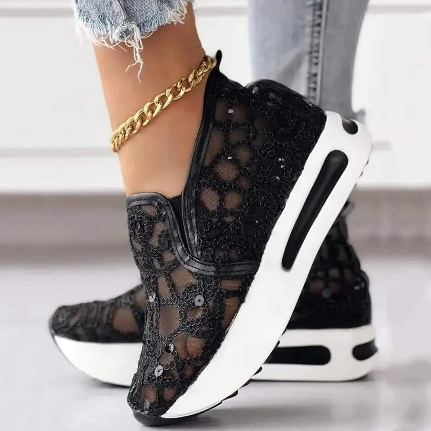 Ladies Fashion Breathable Knitted Mesh Pointed Flat Bottomed Casual Single Shoes Sandals with Heel Women