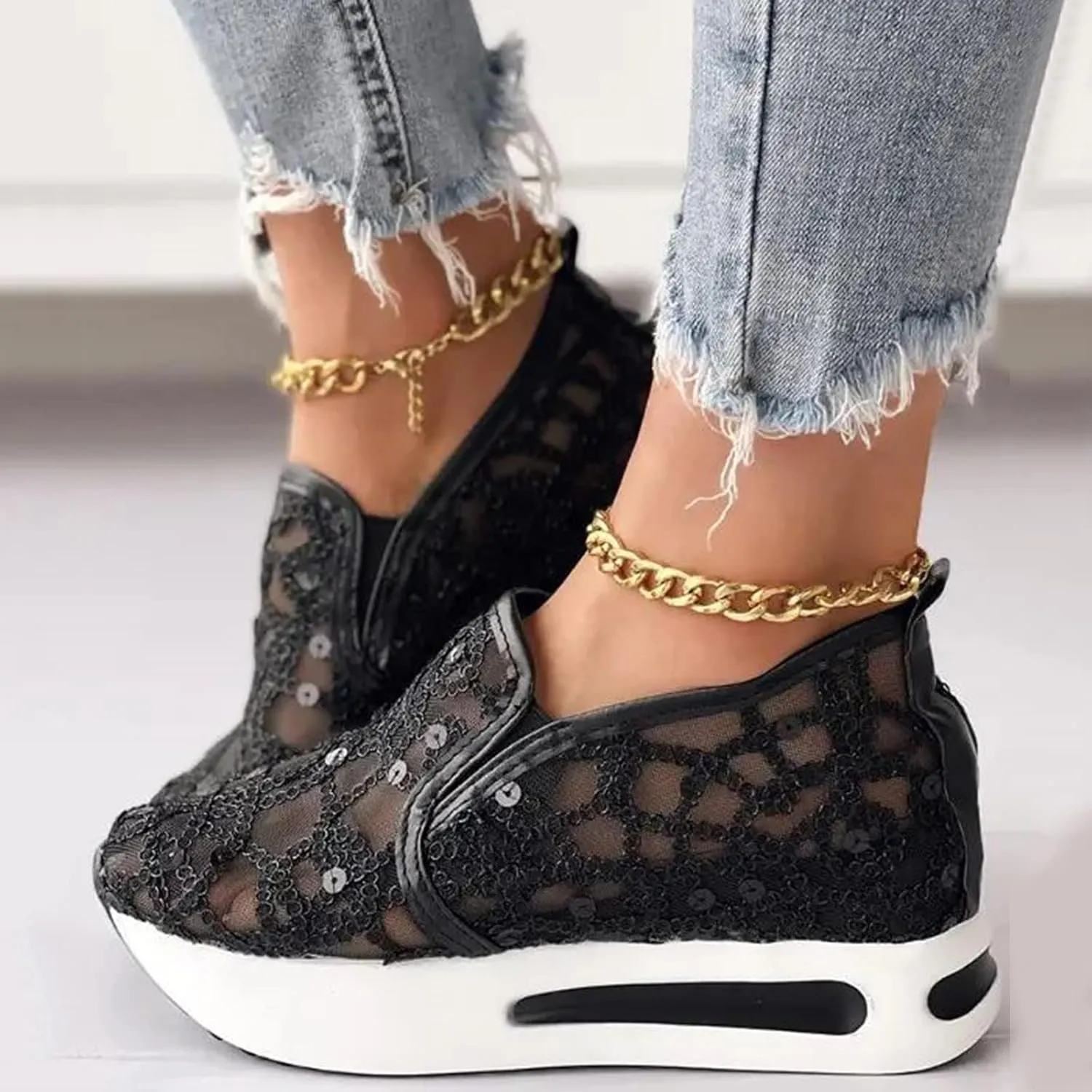 Ladies Fashion Breathable Knitted Mesh Pointed Flat Bottomed Casual Single Shoes Sandals with Heel Women
