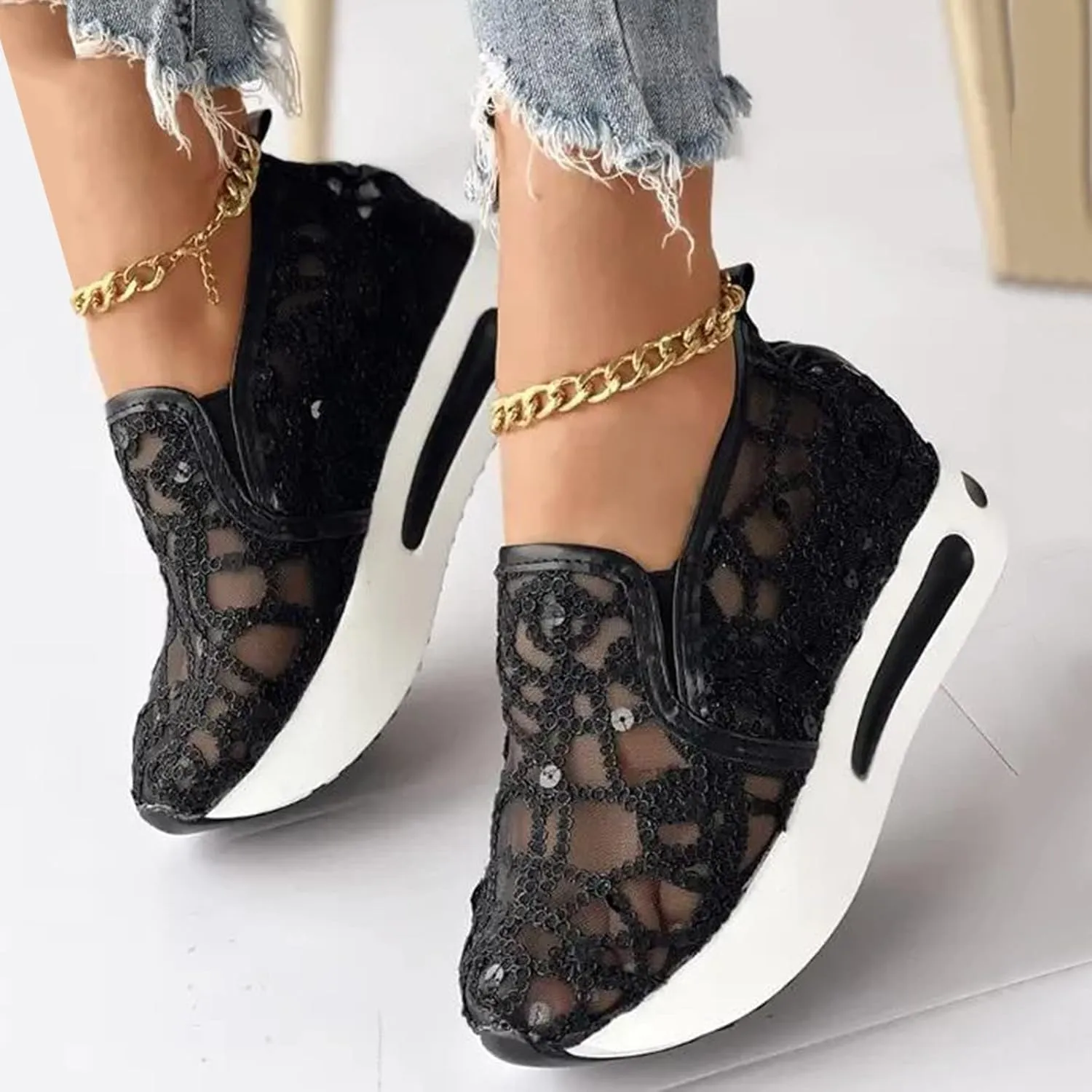 Ladies Fashion Breathable Knitted Mesh Pointed Flat Bottomed Casual Single Shoes Sandals with Heel Women