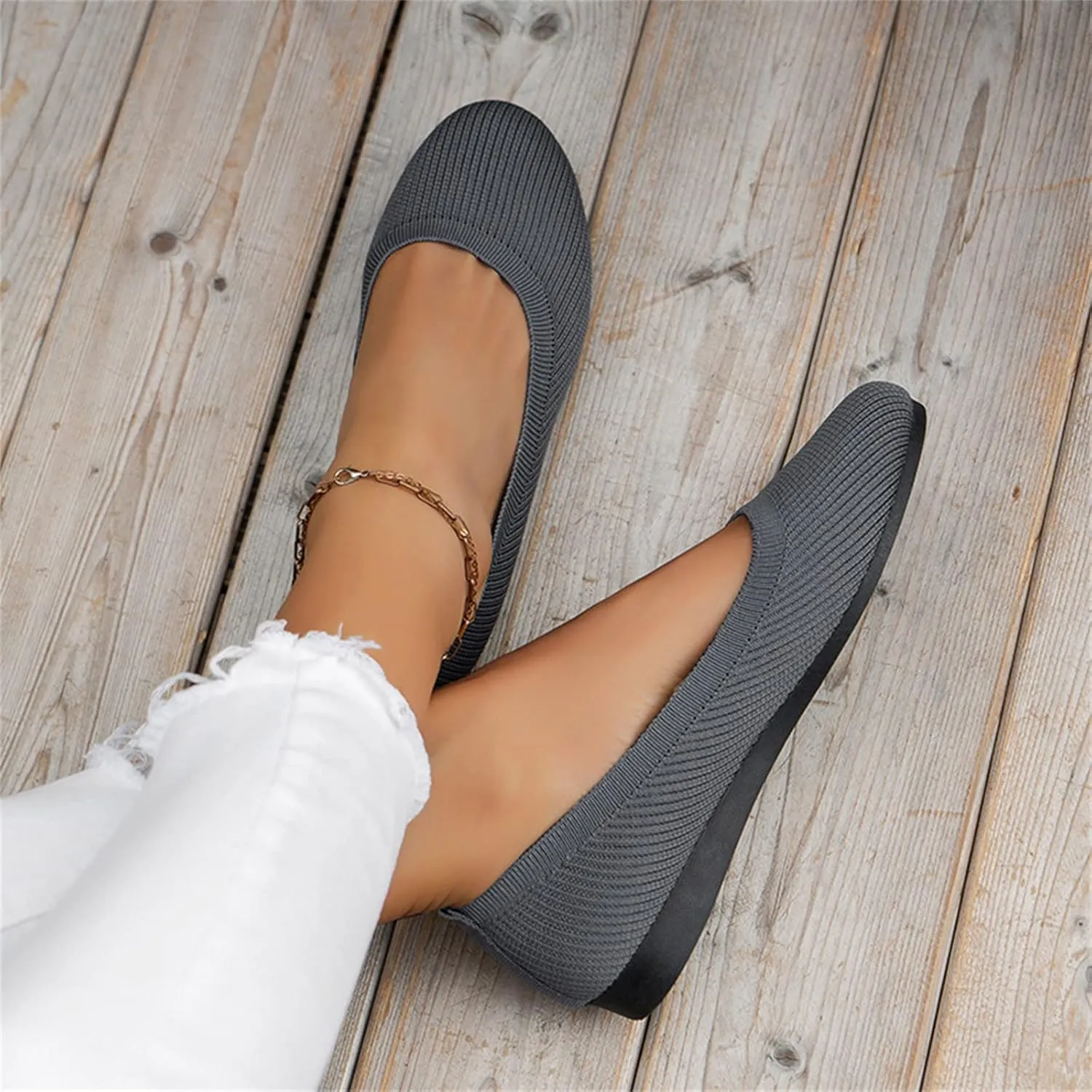 Ladies Fashion Solid Color Breathable Knitting Round Head Flat Comfortable Casual Single Shoes Sandals for Women